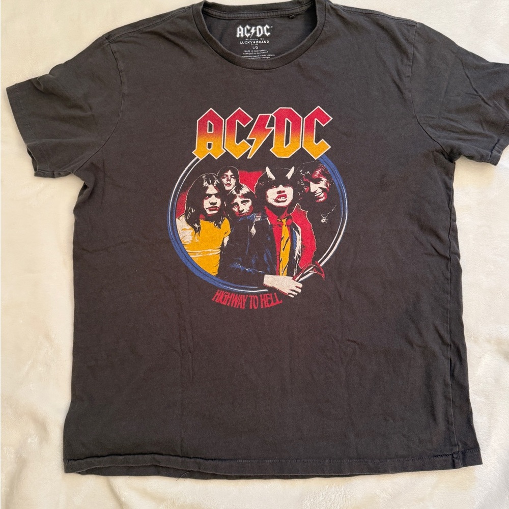 Lucky Brand AC/DC Graphic T-Shirt L Faded Black Distressed Rock Concert Tee